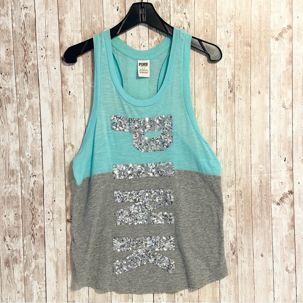 PINK Victoria’s Secret Blue Grey Sequin Bling Razorback Tank Top Size Small